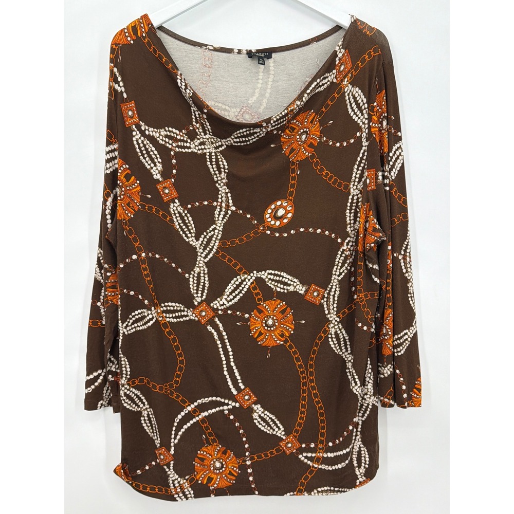 Talbots XL Brown Orange Chain Medallion Print Cowl Neck Long Sleeve Top Rayon